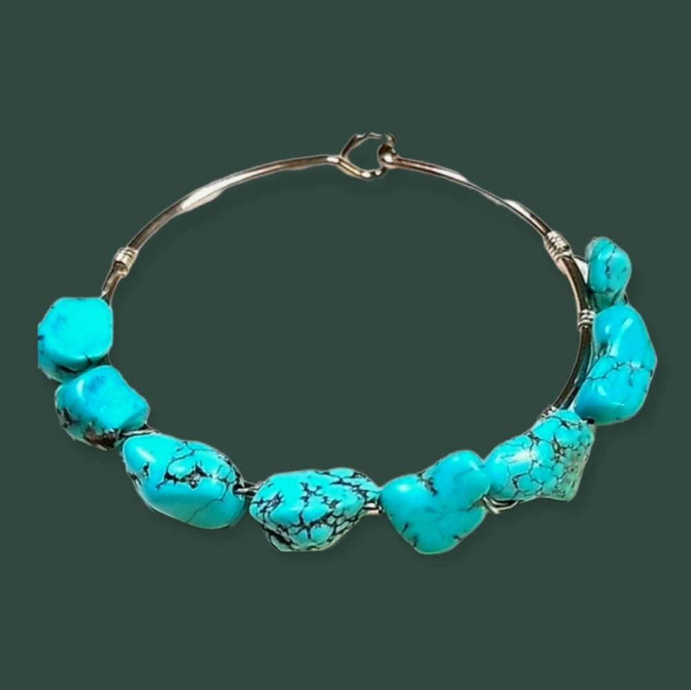 Turquoise Nugget Wire Wrapped Bangle Bracelet